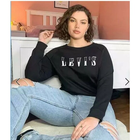 Levi's Sweatshirt Pullover Logo Knit  Black Plus Size Crew Neck Long Sleeves - Picture 1 of 10